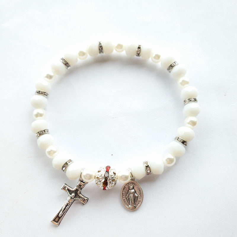 Wholesale Alloy Cross Crystal Girls Elastic Beaded Bracelet